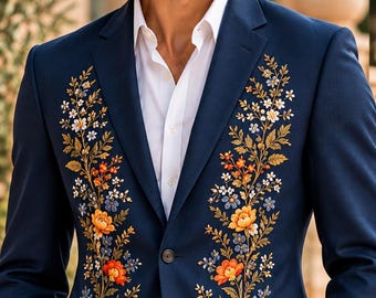 Navy Blue Embroidered Floral Blazer, Custom Men's Wedding Suit, Botanical Groom Wear
