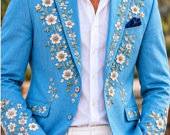 Men's Sky Blue Floral Embroidered Blazer, White Pants, Summer Wedding Suit