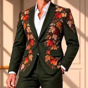 Olive Green Autumn Leaf Embroidered Men’s Suit, Custom 2 Piece Wedding Suit