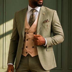 Olive Green 3 Piece Suit for Men, Tan Waistcoat Wedding Groom Suit