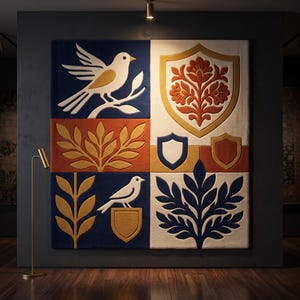 May include: A large square wall tapestry featuring a segmented design with white birds, golden yellow foliage, and orange floral motifs inside shield shapes. The colour palette includes deep blue, cream, orange, and gold in a textured fabric finish.