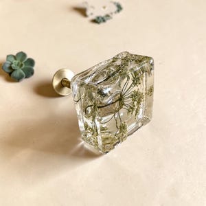 Pode incluir: Um puxador de móvel quadrado feito de resina transparente com uma flor branca seca incrustada. O puxador possui uma base de parafuso metálica em tom dourado na parte traseira, servindo como um ponto de montagem funcional.