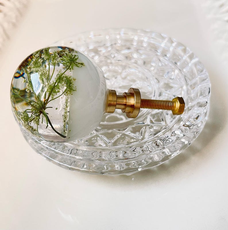 May include: A spherical cabinet knob featuring a clear resin dome with an embedded green botanical specimen and a solid white base. The knob is attached to a metallic gold-toned threaded bolt and mounting hardware, designed for furniture installation.
