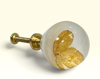 Op de afbeelding: Een bolvormige meubelknop van heldere hars met een gedroogd geel hortensiablad erin verwerkt. De knop is voorzien van een goudkleurige metalen voet en een schroefdraad aan de achterzijde voor eenvoudige montage.
