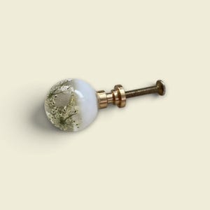 May include: A spherical cabinet knob featuring a clear resin dome embedded with dried white Queen Anne's lace flowers. The knob has a smooth, opaque white base and is attached to a gold-toned metal post with a threaded screw and a flat circular end.