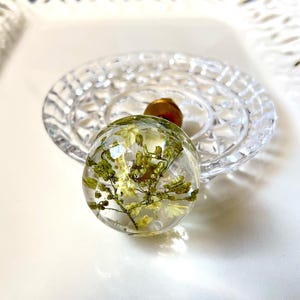 K&ouml;nnte beinhalten: Ein kugelf&ouml;rmiger Knauf aus klarem Harz mit eingebetteten getrockneten gelben und gr&uuml;nen Blumen. Der Knauf hat einen goldfarbenen Metallsockel und eine glatte, polierte Oberfl&auml;che, die die zarten botanischen Details im Inneren sichtbar macht.