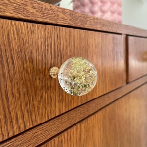Pode incluir: Um puxador de gaveta redondo em resina transparente com flores secas brancas e verdes embutidas, fixado a uma gaveta de madeira com uma base de metal dourado. O puxador tem uma forma esf&eacute;rica lisa e est&aacute; montado numa superf&iacute;cie de madeira.