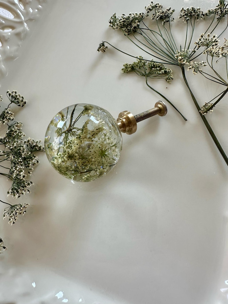 May include: A spherical cabinet knob made of clear resin containing preserved white Queen Anne's lace flowers. The knob features a brass-toned metal base and a threaded screw attachment, providing a functional and decorative hardware element.