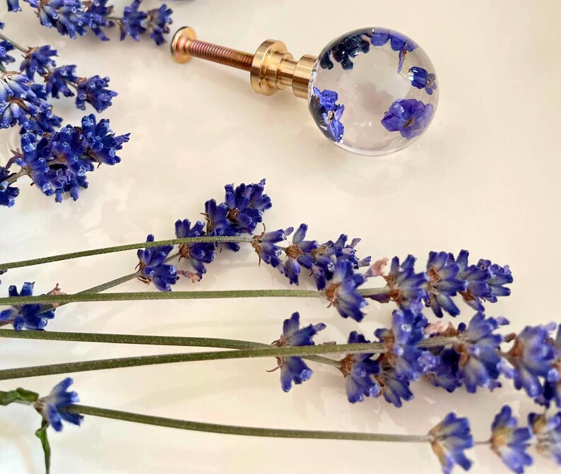 May include: A spherical clear resin cabinet knob containing dried purple lavender flowers, attached to a gold-toned metal base and threaded screw. The knob is surrounded by several sprigs of fresh purple lavender flowers.