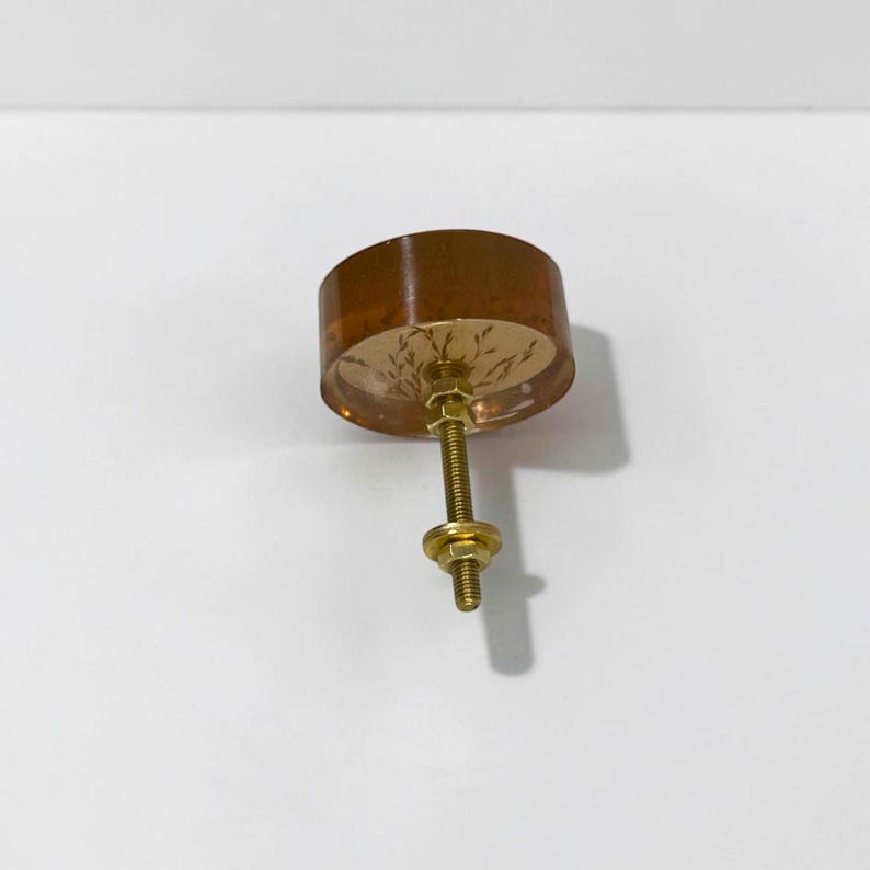 May include: A round, amber-colored resin cabinet knob featuring an embedded delicate gold-toned botanical leaf pattern. The knob is attached to a threaded brass-colored metal bolt with two matching circular nuts for secure installation.