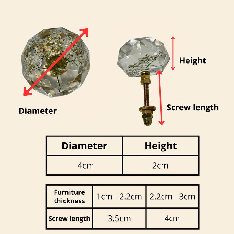 May include: Two clear, faceted resin cabinet knobs containing pressed white flowers. The knobs have a 4 cm diameter and 2 cm height. Included are metal screws with lengths of 3.5 cm and 4 cm, suitable for furniture thicknesses of 1 cm to 3 cm.