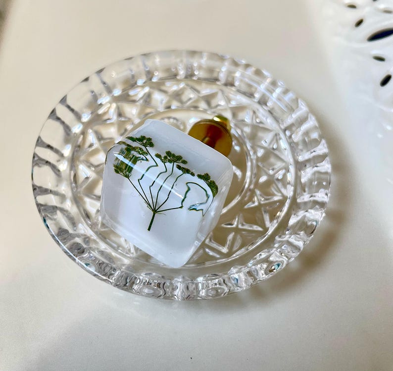 May include: A square, translucent white resin knob featuring an embedded green pressed plant specimen. The knob has a gold-toned metal base and is resting inside a small, round, clear glass dish with a faceted, diamond-patterned rim.