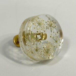 Puede incluir: Un pomo redondo para muebles hecho de resina transparente con flores secas blancas incrustadas. El pomo cuenta con una base de metal dorado y una cabeza de tornillo central dorada visible a trav&eacute;s del material transparente.