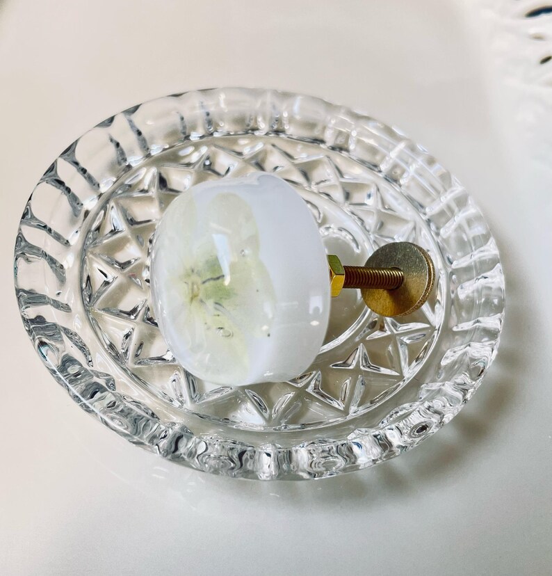 K&ouml;nnte beinhalten: Ein runder, wei&szlig;er M&ouml;belknopf aus Kunstharz mit einer eingebetteten blassgelben Blume, befestigt an einer goldfarbenen Metallschraube mit Mutter. Der Knopf liegt in einer runden, klaren Glasschale mit texturiertem Rautenmuster am Boden.