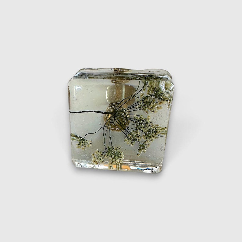 Puede incluir: Un pisapapeles cuadrado de resina transparente que contiene una flor silvestre blanca preservada con tallos delicados y peque&ntilde;as flores. El material transparente permite una visi&oacute;n clara del esp&eacute;cimen bot&aacute;nico incrustado en el bloque.