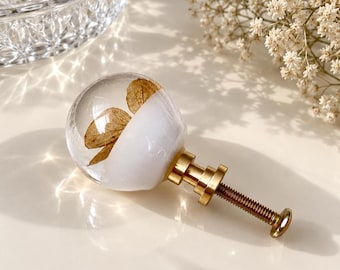Botanical Dresser Knobs with Golden Dried Hydrangea Flowers in Resin