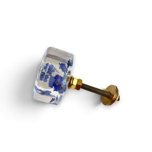 May include: A round cabinet knob made of clear resin with embedded small blue flowers. The knob features a gold-toned metal screw, a nut, and a circular washer attached to the back, providing a functional hardware piece for furniture.