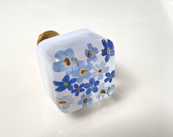 Drawer Pulls with Forget Me Not Flowers in Clear Resin