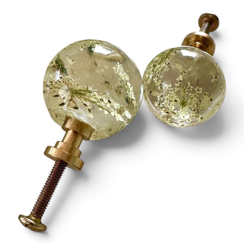 May include: Two spherical cabinet knobs featuring clear resin encasing delicate white pressed flowers. Each knob has a metallic brass-toned base and a threaded screw stem, providing a functional hardware piece for furniture or cabinetry doors.