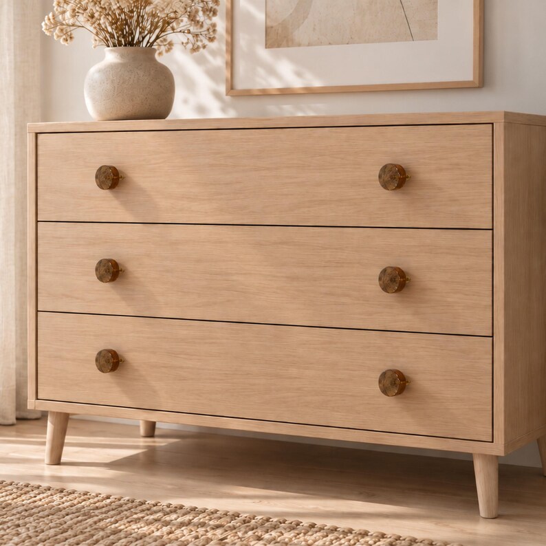 May include: A light-toned wooden dresser featuring three horizontal drawers, each equipped with two circular, dark-colored knobs. The furniture piece stands on four tapered legs and displays a natural wood grain finish throughout its structure.