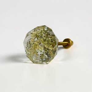 May include: A faceted, clear resin cabinet knob with a geometric, multi-sided shape. Inside the transparent material, dried white and green botanical elements are embedded. A gold-toned metal screw and base extend from the back of the knob.