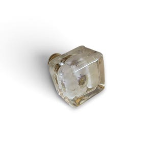 May include: A square-shaped cabinet knob made of clear resin with a white pressed flower embedded inside. The knob features a smooth, polished surface and a metallic base attachment, showcasing the delicate petals of the flower clearly.