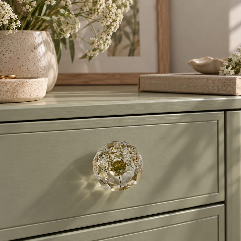 May include: A clear, multifaceted, spherical drawer knob made of resin, containing small, delicate white pressed flowers and green foliage suspended within the center. The knob is attached to a smooth, light sage green wooden drawer front.