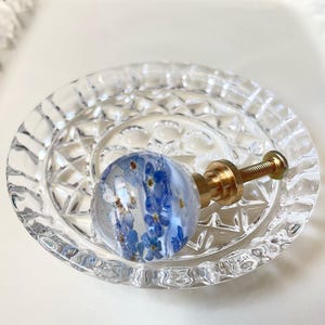 K&ouml;nnte beinhalten: Ein kugelf&ouml;rmiger M&ouml;belknopf aus klarem Harz mit eingebetteten kleinen blauen Blumen. Der Knopf hat einen messingfarbenen Metallsockel und eine Gewindeschraube und liegt in einer runden Glasschale mit facettiertem Rautenmuster.