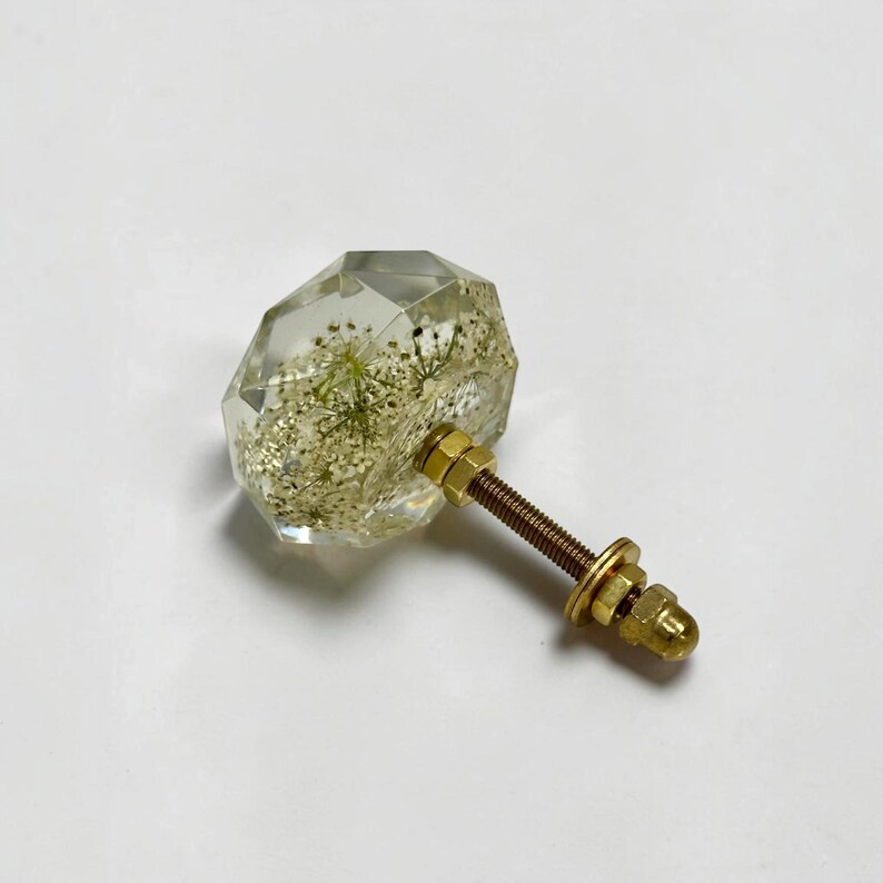 May include: A faceted clear resin cabinet knob containing dried white Queen Anne's lace flowers. The knob is attached to a threaded brass-toned metal bolt with a matching washer and nut, providing a functional hardware piece for furniture.