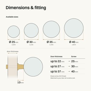 May include: A technical diagram titled Dimensions & fitting showing four circular knobs with diameters of 25 mm (1.0 in), 30 mm (1.2 in), 35 mm (1.4 in), and 40 mm (1.6 in). It includes a side view of a knob on a door and a table for screw lengths.