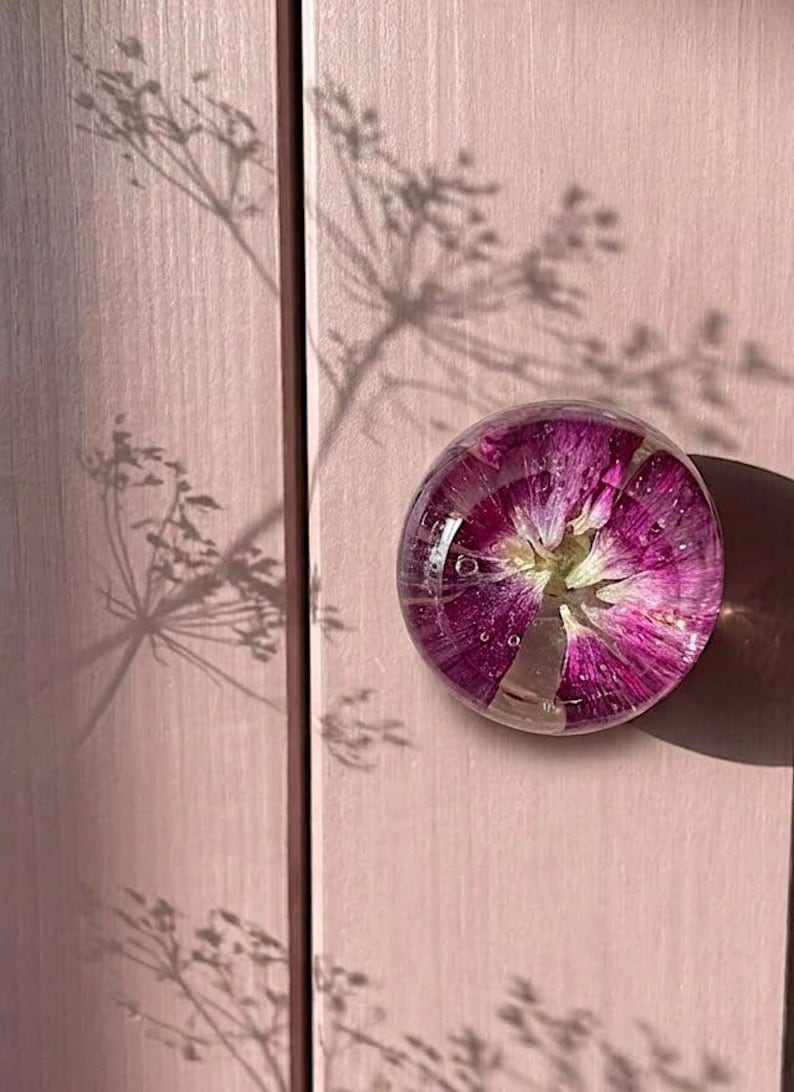May include: A round, clear resin cabinet knob featuring a vibrant magenta flower embedded inside. The knob is attached to a light pink wooden surface, with a distinct shadow of a plant cast across the panel to the left of the circular handle.