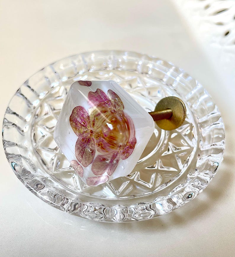May include: A hexagonal cabinet knob made of clear resin containing a pressed pink hydrangea flower. The knob features a gold-toned metal screw and washer attached to the back, resting inside a small, round, clear glass dish with a faceted edge.