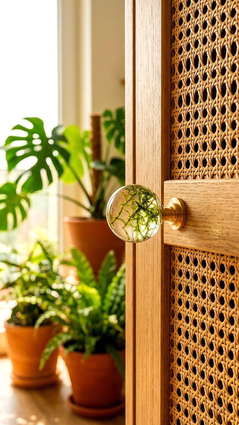 May include: A spherical clear glass cabinet knob containing green moss-like filaments, attached to a light-colored wooden door with a woven cane panel. The knob features a metallic gold-toned base that secures it to the wooden frame.