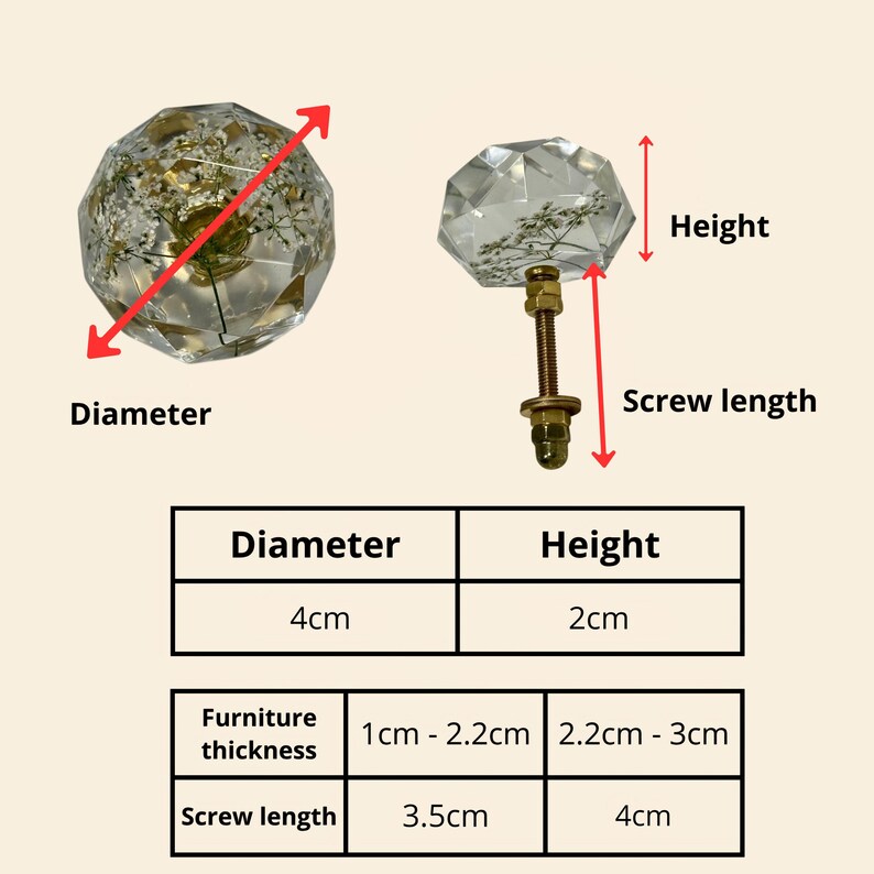 May include: Two clear, faceted resin cabinet knobs containing pressed white flowers. The knobs have a 4 cm diameter and 2 cm height. Included are metal screws with lengths of 3.5 cm and 4 cm, suitable for furniture thicknesses of 1 cm to 3 cm.