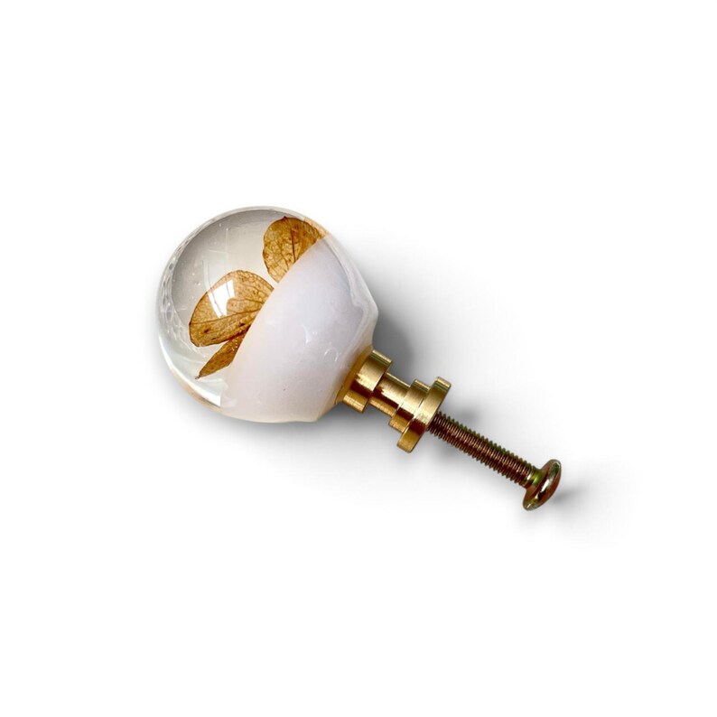 May include: A spherical cabinet knob featuring a clear resin top half containing dried golden-brown leaves and an opaque white bottom half. The knob is attached to a gold-toned metal base with a threaded screw extending from the back for mounting.