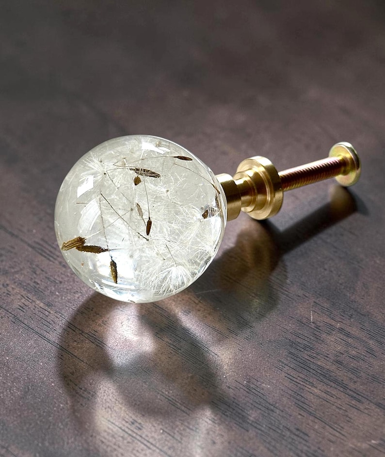 May include: A spherical cabinet knob featuring a clear resin orb containing white dandelion seeds and brown stems. The knob is attached to a cylindrical brass-toned metal base with a threaded bolt extending from the back for mounting purposes.