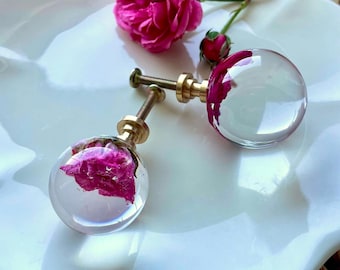 Cabinet Knobs with Real Rose Flowers in Crystal Clear Resin