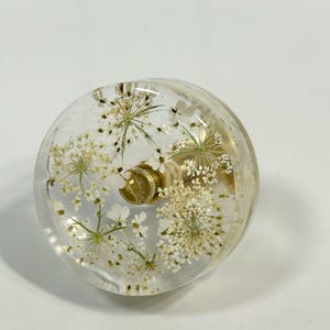 Puede incluir: Un tirador de mueble redondo de resina transparente con flores blancas de encaje de la reina Ana incrustadas. El tirador tiene una base de metal dorado pulido y un tornillo central, mostrando un dise&ntilde;o circular transparente y detallado.