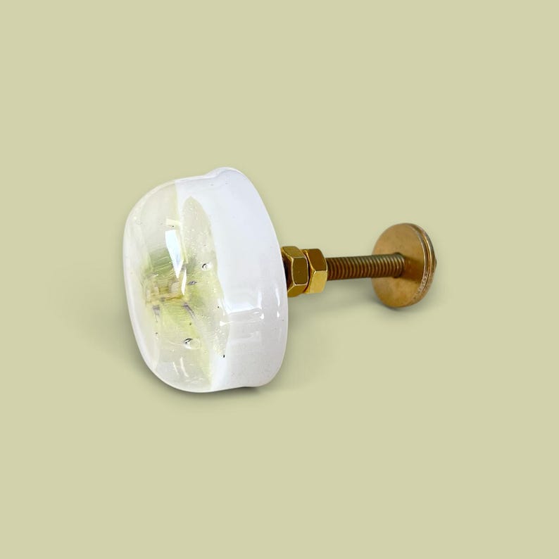 K&ouml;nnte beinhalten: Ein runder M&ouml;belknopf mit einer klaren, gl&auml;nzenden Harzkuppel, die eine gepresste gr&uuml;n-wei&szlig;e Blume umschlie&szlig;t. Der Knopf ist an einem metallisch goldfarbenen Gewindebolzen mit passender Mutter befestigt, was einen sicheren Befestigungsmechanismus bietet.