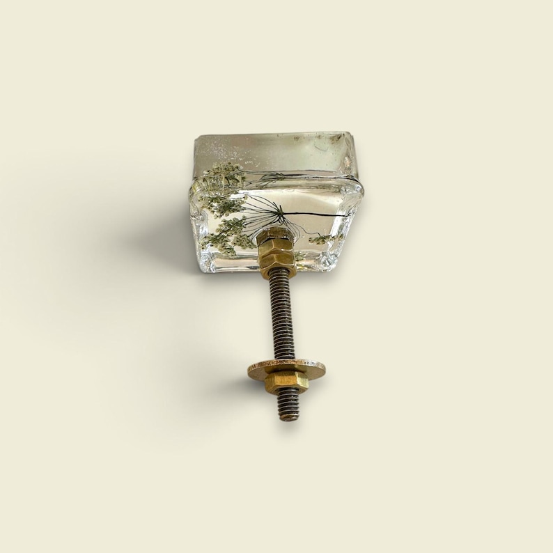 Puede incluir: Un tirador de mueble cuadrado hecho de resina transparente con una flor blanca prensada incrustada en su interior. El tirador cuenta con un perno roscado met&aacute;lico en la parte posterior, junto con dos tuercas y una arandela de color lat&oacute;n.