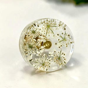 May include: A circular cabinet knob made of clear resin, featuring embedded white pressed flowers throughout the material. The knob has a gold-toned metal base and a central gold-toned screw attachment point visible on the front surface.