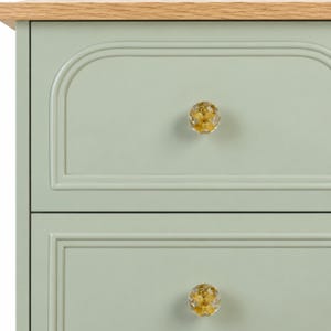 May include: A light sage green chest of drawers featuring two stacked drawers with arched molding details. Each drawer is equipped with a round, clear resin knob containing a small, pressed yellow flower inside. The top surface is light oak wood.