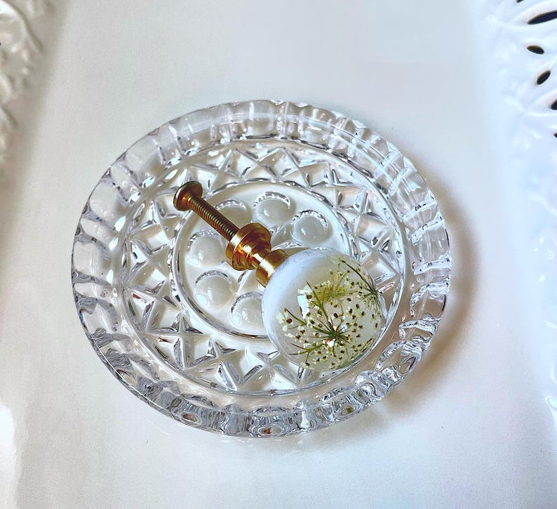 May include: A spherical cabinet knob featuring a white base with an embedded dried Queen Anne's lace flower, attached to a gold-toned metal post and screw, resting inside a small, round, clear glass dish with a faceted, diamond-cut pattern.