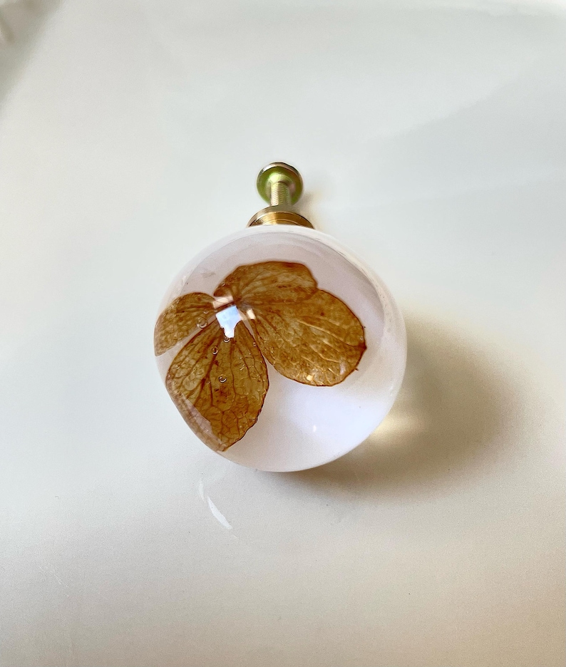 May include: A spherical cabinet knob made of clear resin with a dried brown hydrangea flower petal embedded inside. The knob features a gold-toned metal base and a threaded screw attachment extending from the back for mounting purposes.
