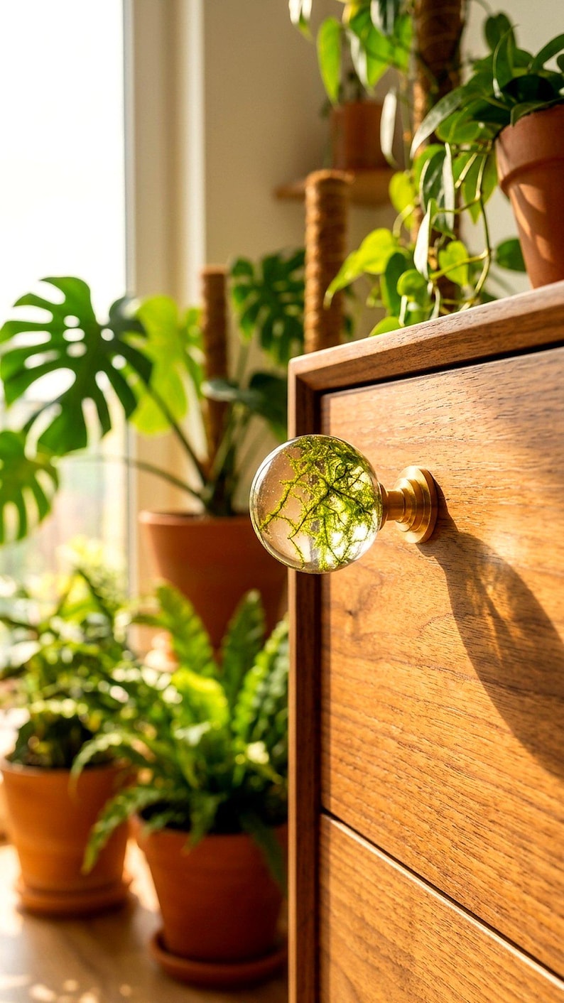 May include: A spherical clear glass cabinet knob featuring an embedded green moss-like plant structure, attached to a circular brass-toned metal base, mounted on the front of a wooden drawer with a visible grain pattern.