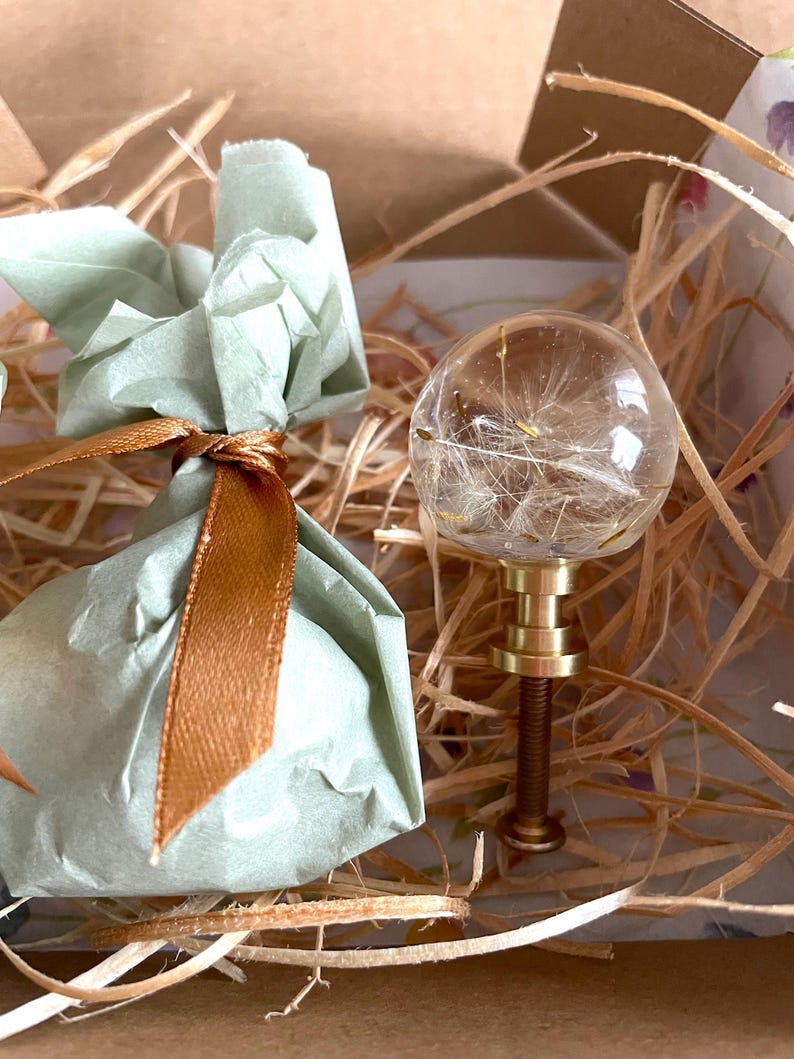 May include: A clear glass sphere knob containing dandelion seeds, attached to a metallic gold-toned base and threaded screw. Beside it sits a small, light green paper-wrapped bundle tied with a thin, shiny brown ribbon.