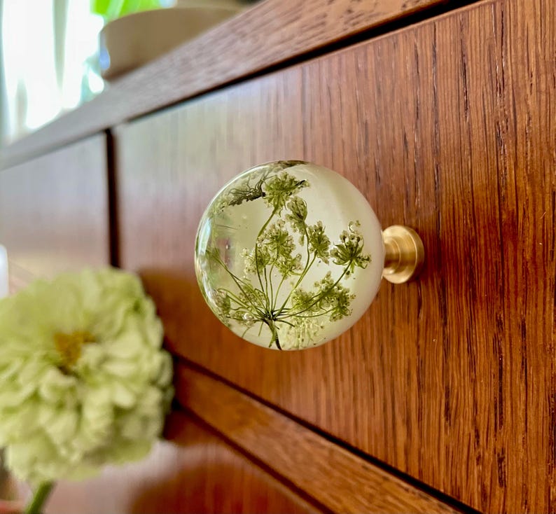 May include: A spherical cabinet knob featuring a clear resin body with an embedded green dried plant specimen. The knob is attached to a circular brass-toned metal base, providing a contrast between the organic botanical element and the hardware.
