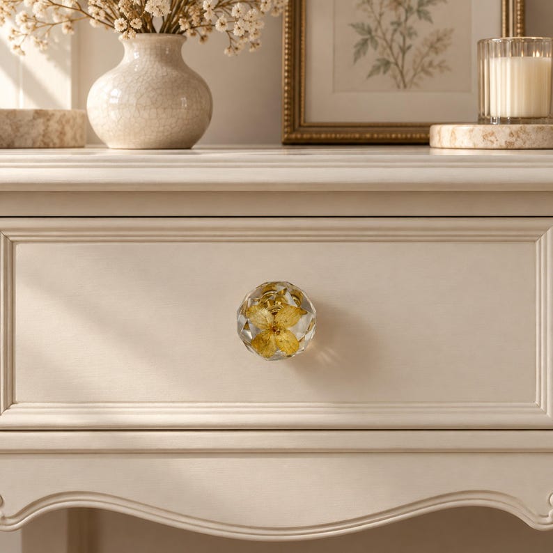 May include: A round, faceted clear resin drawer knob featuring an embedded yellow dried flower. The knob is attached to a cream-colored wooden drawer front with a smooth, matte finish and decorative molding along the edges of the drawer.