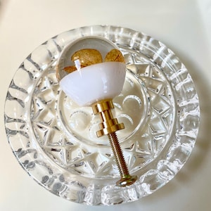 May include: A spherical cabinet knob featuring a clear resin top containing a dried golden-brown leaf, a solid white base, and a metallic gold-toned threaded bolt. The knob is positioned centrally on a clear, circular glass dish with a textured pattern.