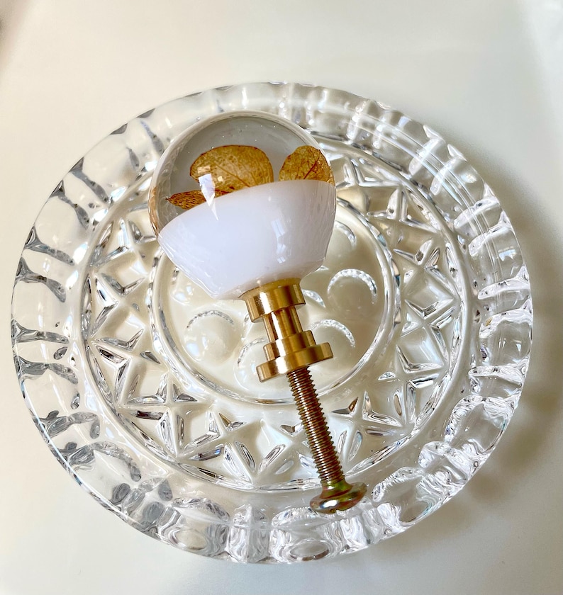 May include: A spherical cabinet knob featuring a clear resin top containing a dried golden-brown leaf, a solid white base, and a metallic gold-toned threaded bolt. The knob is positioned centrally on a clear, circular glass dish with a textured pattern.